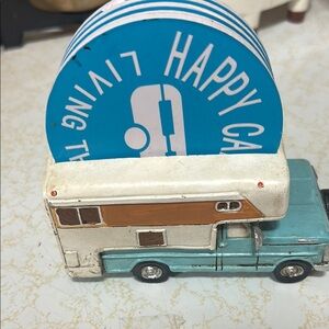 Happy Camper Coaster Set - Blue and White